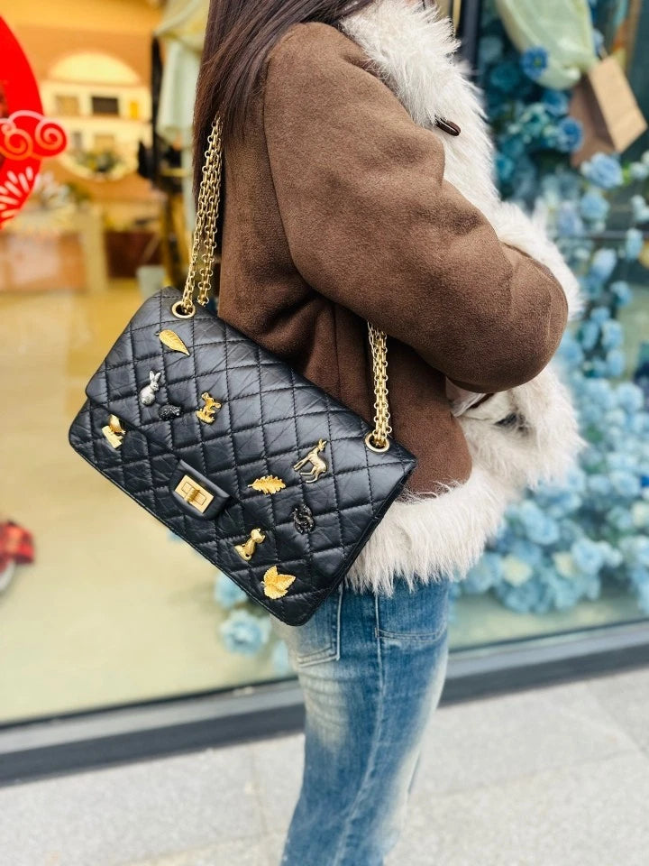 CHANEL 2.55 Medium Animal Badge Leather Shoulder Bag Black Gold Women