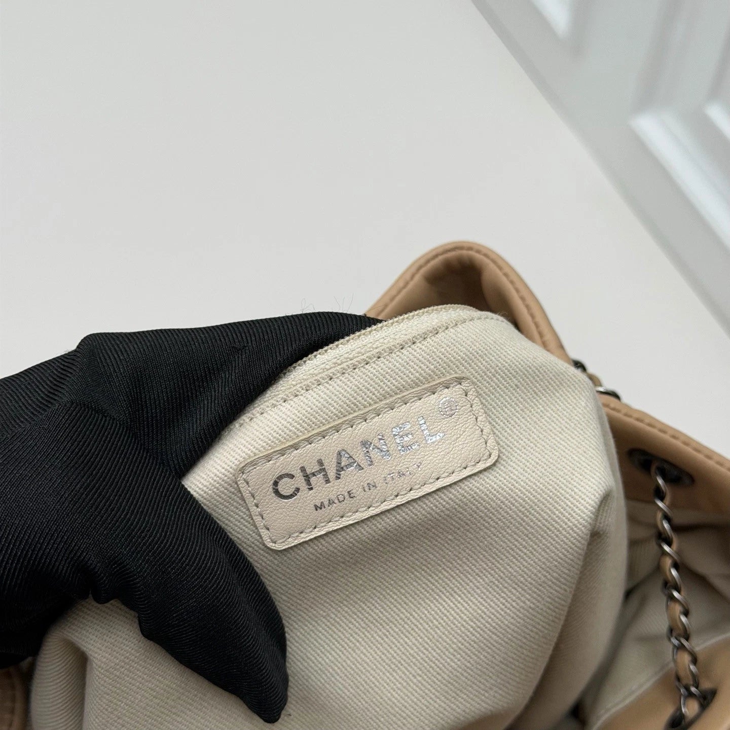 Chanel Tweed Knitting Drawstring Bucket Backpack Handbag Pink Silver Hardware