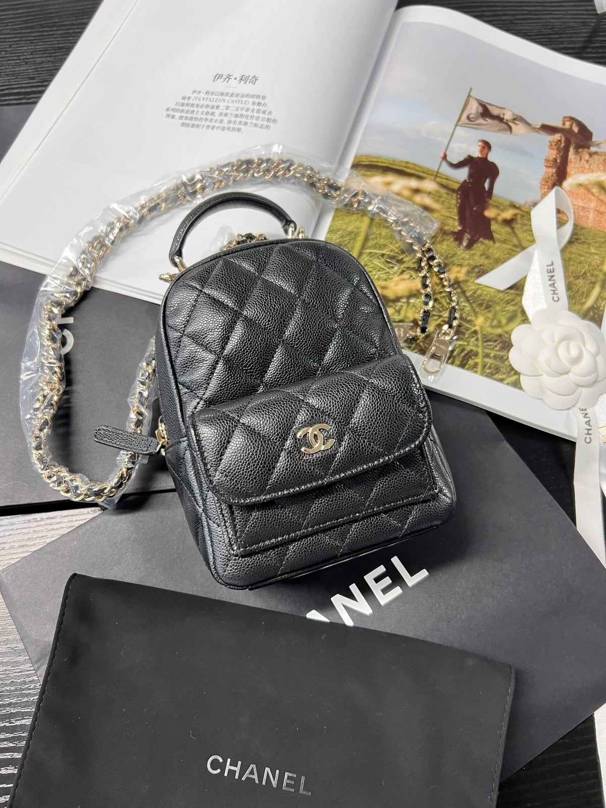 CHANEL Mini Backpack Black Gold Diamond For Women