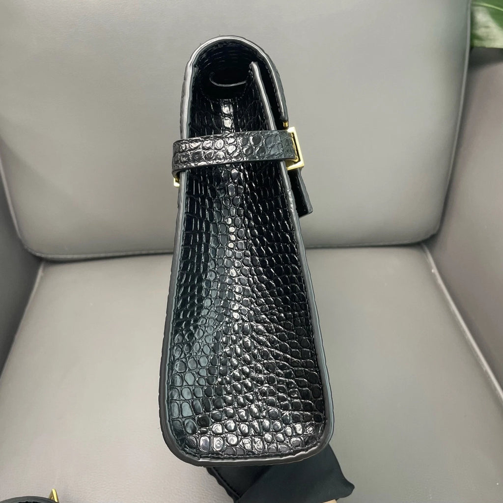 YSL Manhattan Black Crocodile Embossed Leather Bag For Women