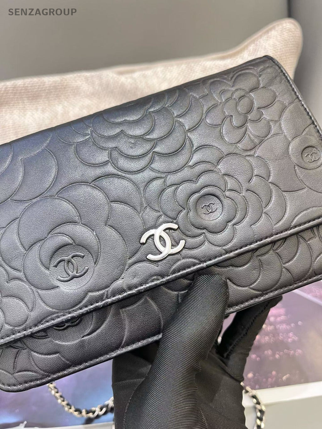 Chanel Calfskin Chain Shoulder Bag Camellia Black Silver Women Classic Fashion