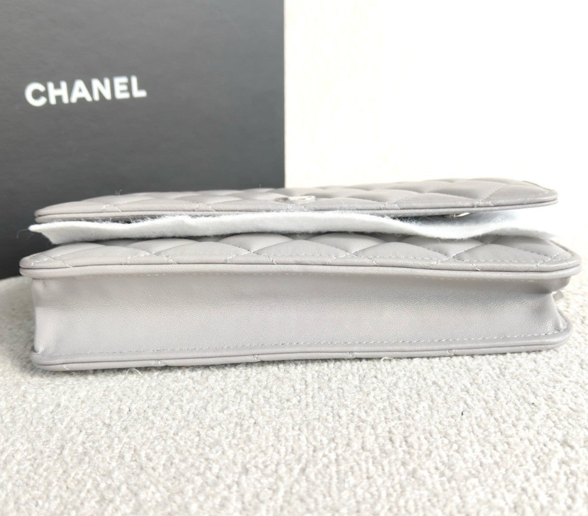 Chanel WOC Lambskin Chain Shoulder Bag Crossbody Gray Silver Women Classic
