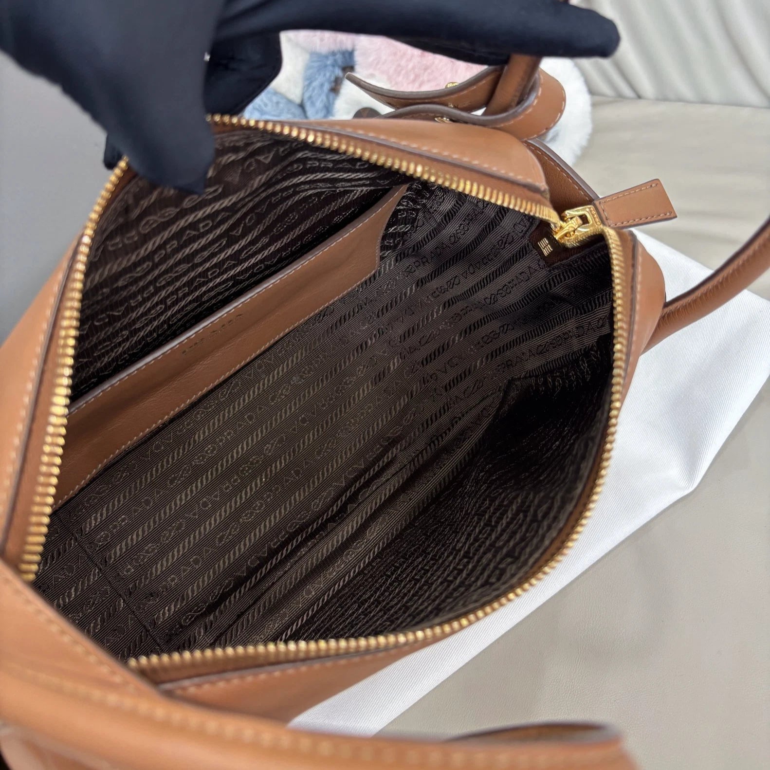 Prada Darling Calfskin 2Way Top Handle Crossbody Brown Gold Women Classic