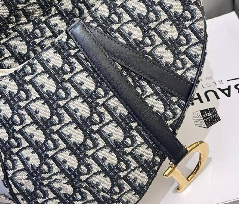 Christian Dior Monogram Oblique MM Saddle Shoulder Bag Black Gold Women Classic