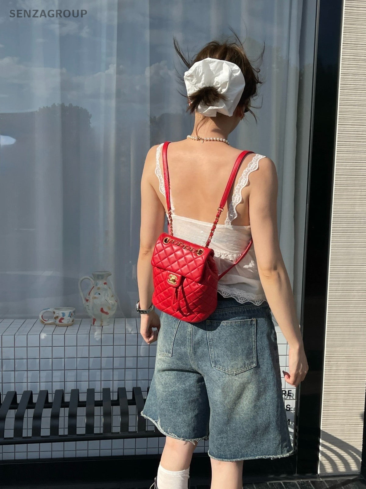 CHANEL Salzburg Backpack PM Lambskin Chain Shoulder bag Red Women