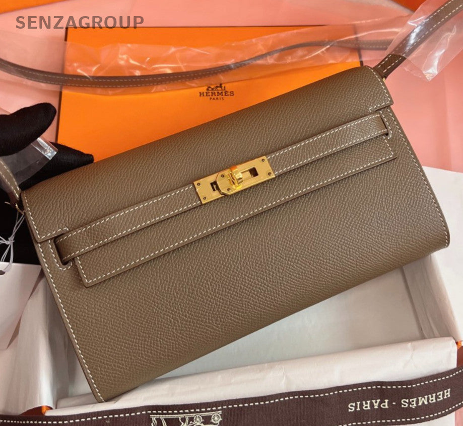 Hermes KellyToGo 2Way Clutch Shoulder Bag Gray Gold Women Classic Fashion