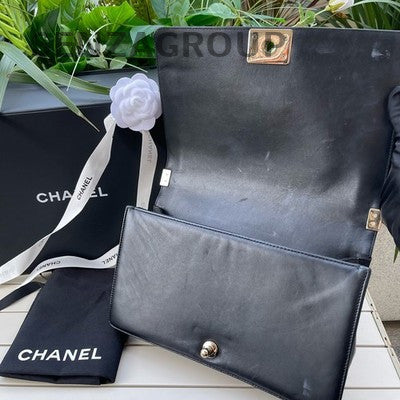 CHANEL Black Gold Le Boy Large Chain Shoulder Bag Quilted Classic