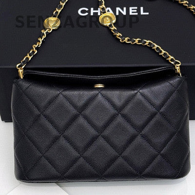 Chanel 24A Black Gold Badge Chain Shoulder Crossbody Bag Quilted Classic
