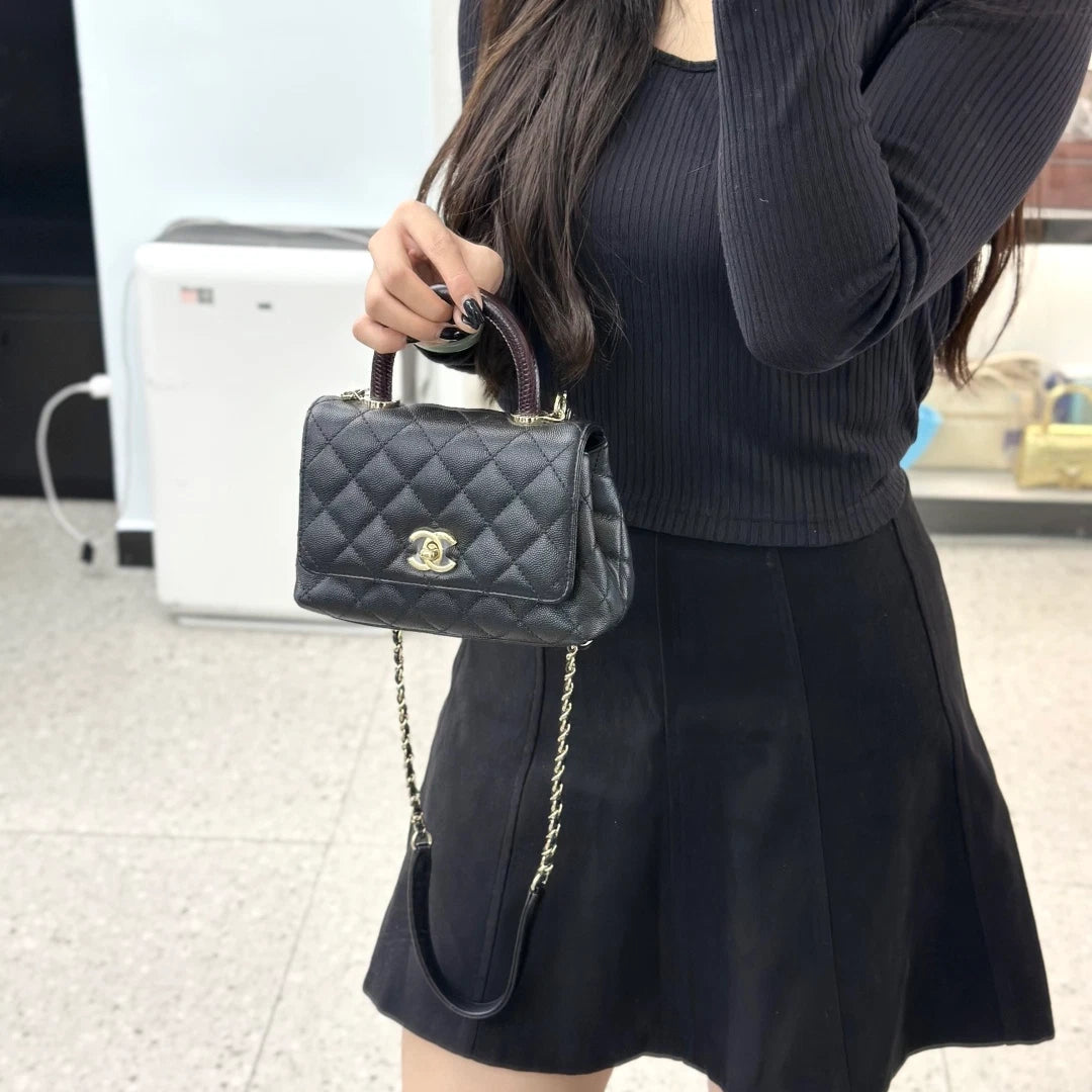 Chanel Coco Handle Mini Calfskin Chain Top Handle Shoulder Bag Black Women S