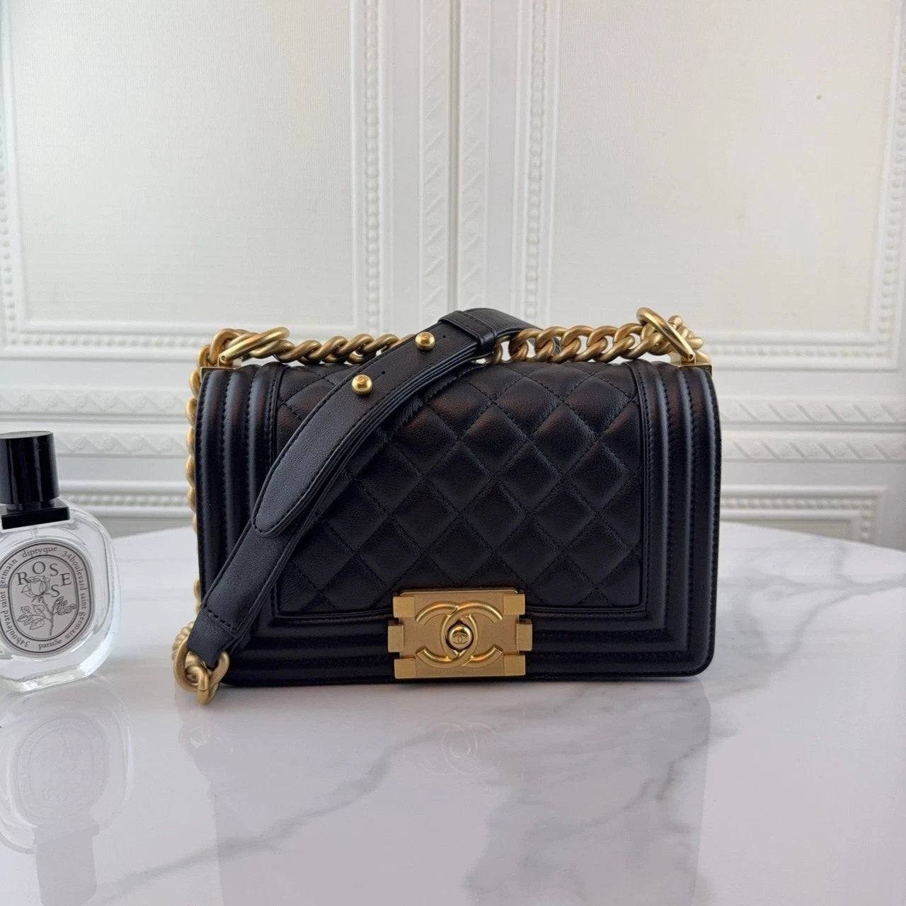 CHANEL LeBoy Small Black Leather Gold Hardware Shoulder Bag Women