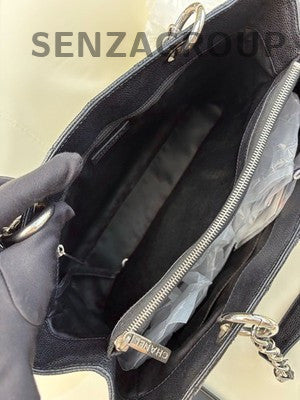 Chanel GST Black Silver CC Logo Tote Chain Shoulder Bag Quilted