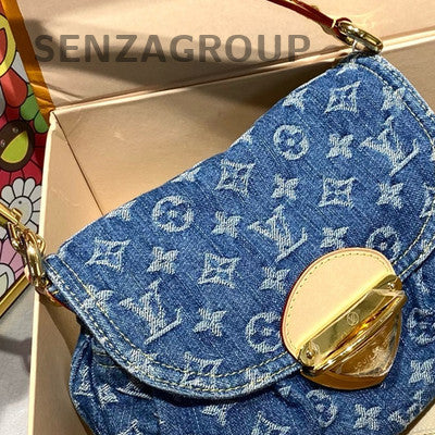 Louis Vuitton Denim Pochette Hobo Bag Blue Gold Print Women's Classic