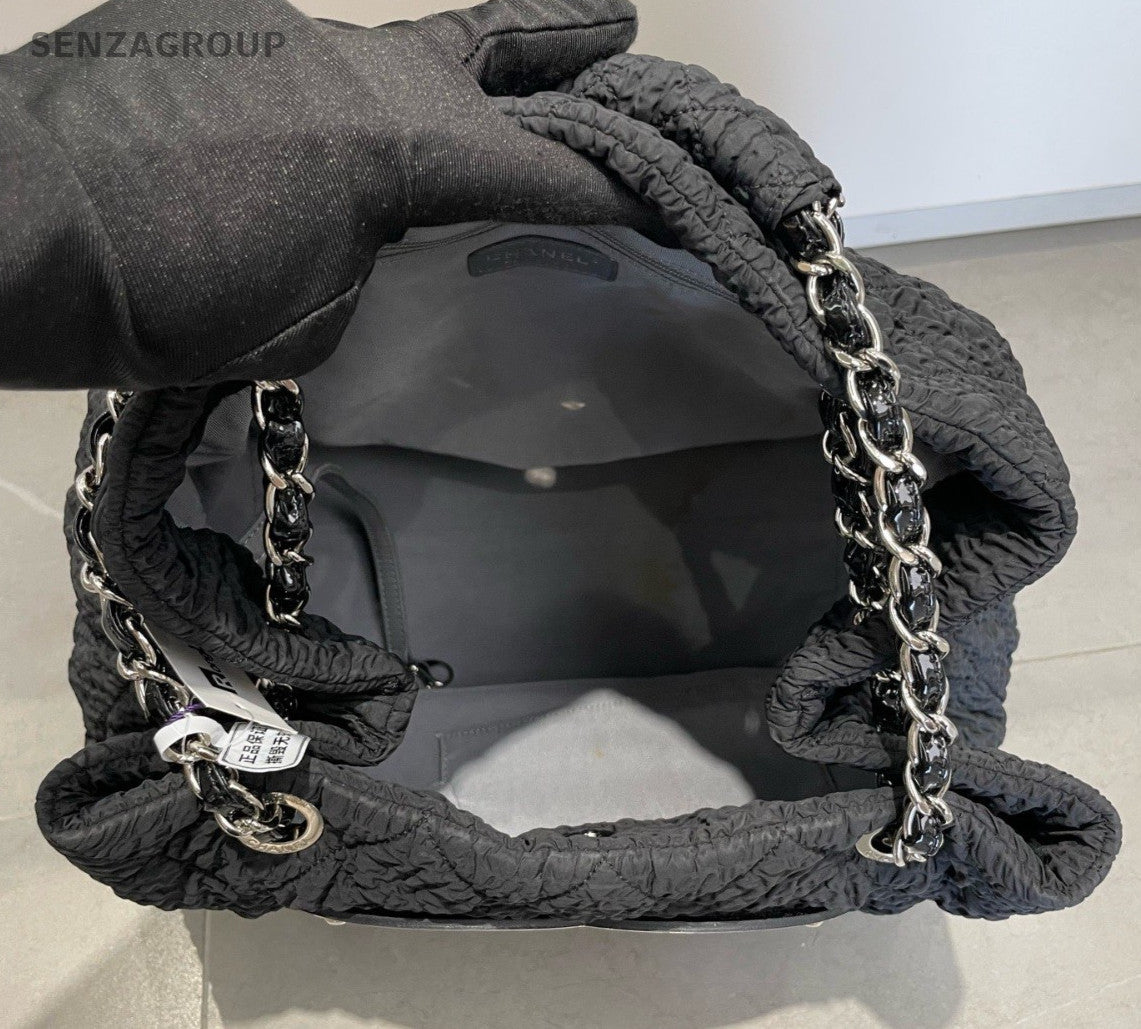 Chanel Nylon Tote Chain Shoulder Bag Diamond Black Silver Used Women Classic