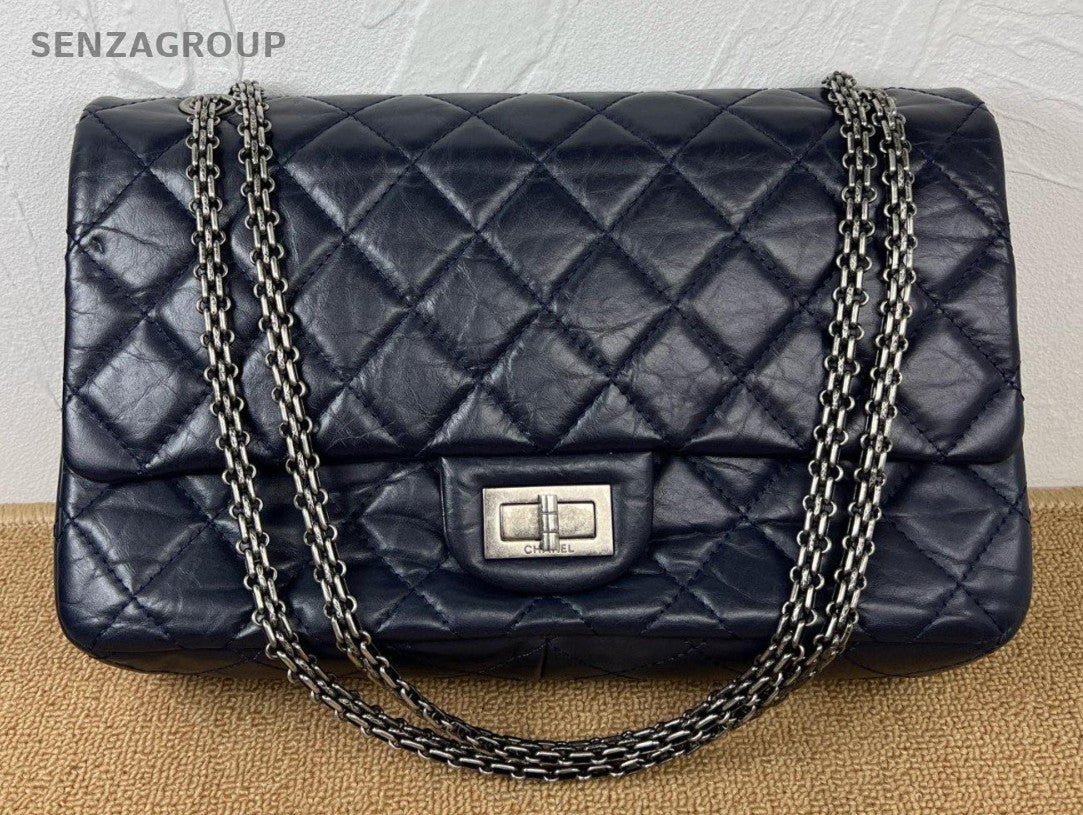 Chanel 2.55 Diamond Pattern Chain Shoulder Bag Black Silver Women Classic