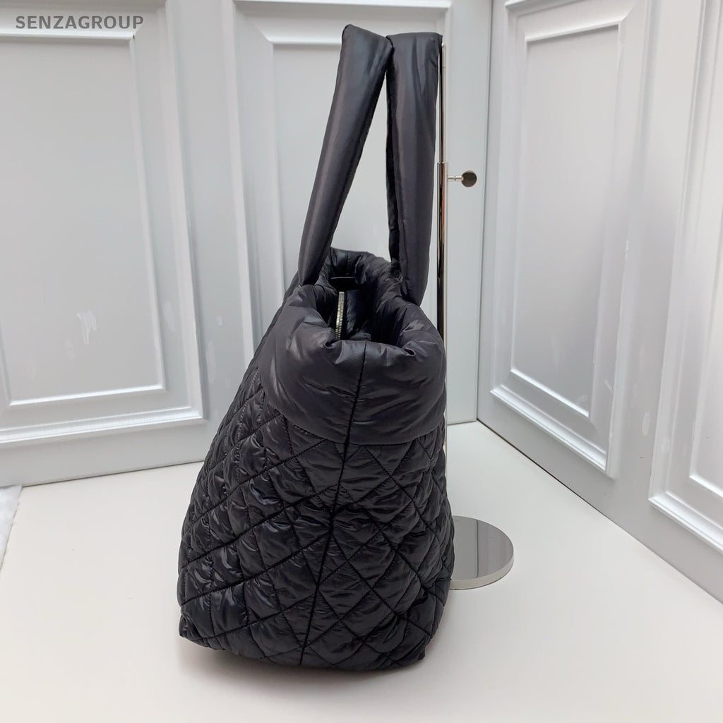 CHANEL Tote Puffer Nylon Diamond Pattern Black  Silver Women Handbag