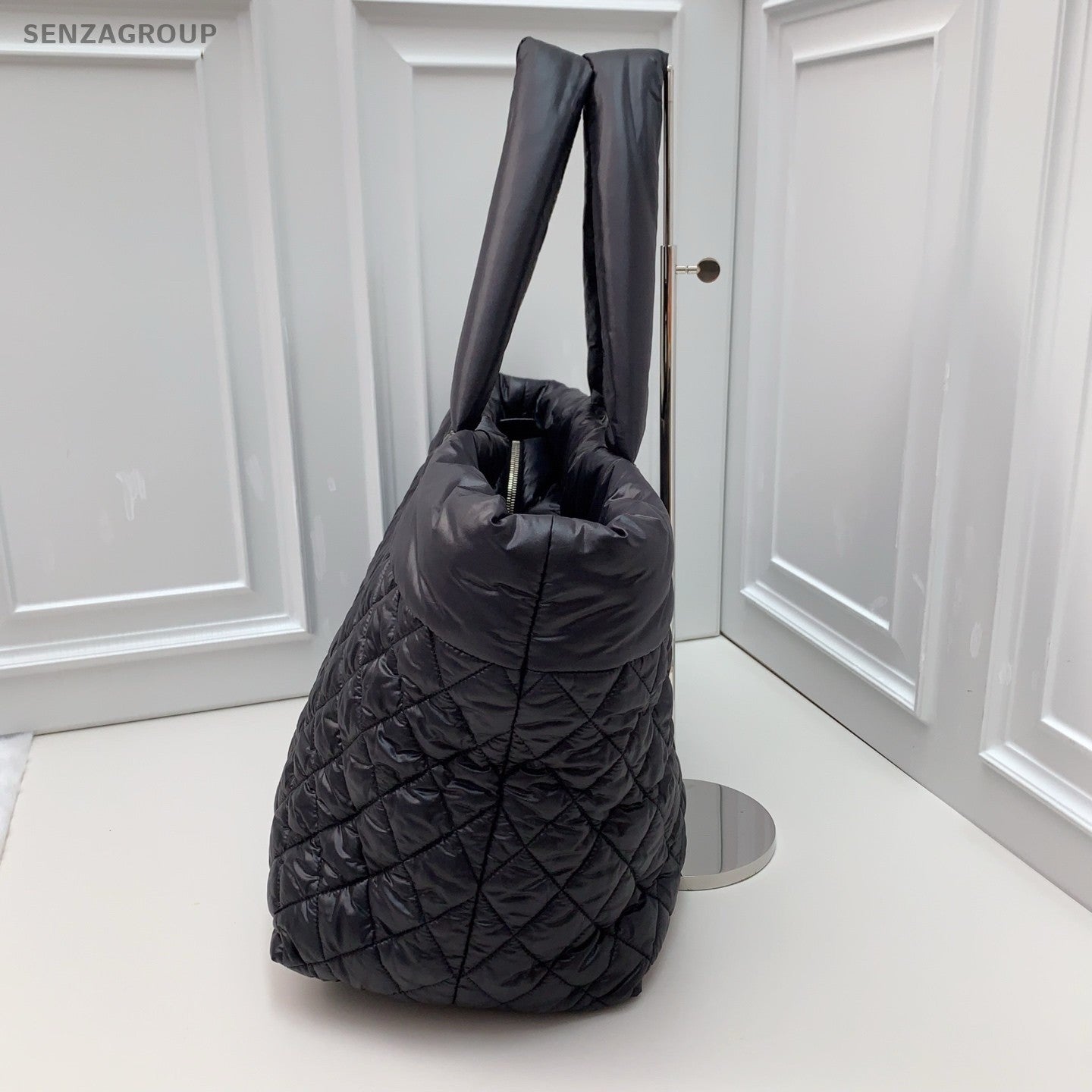CHANEL Tote Puffer Nylon Diamond Pattern Black  Silver Women Handbag