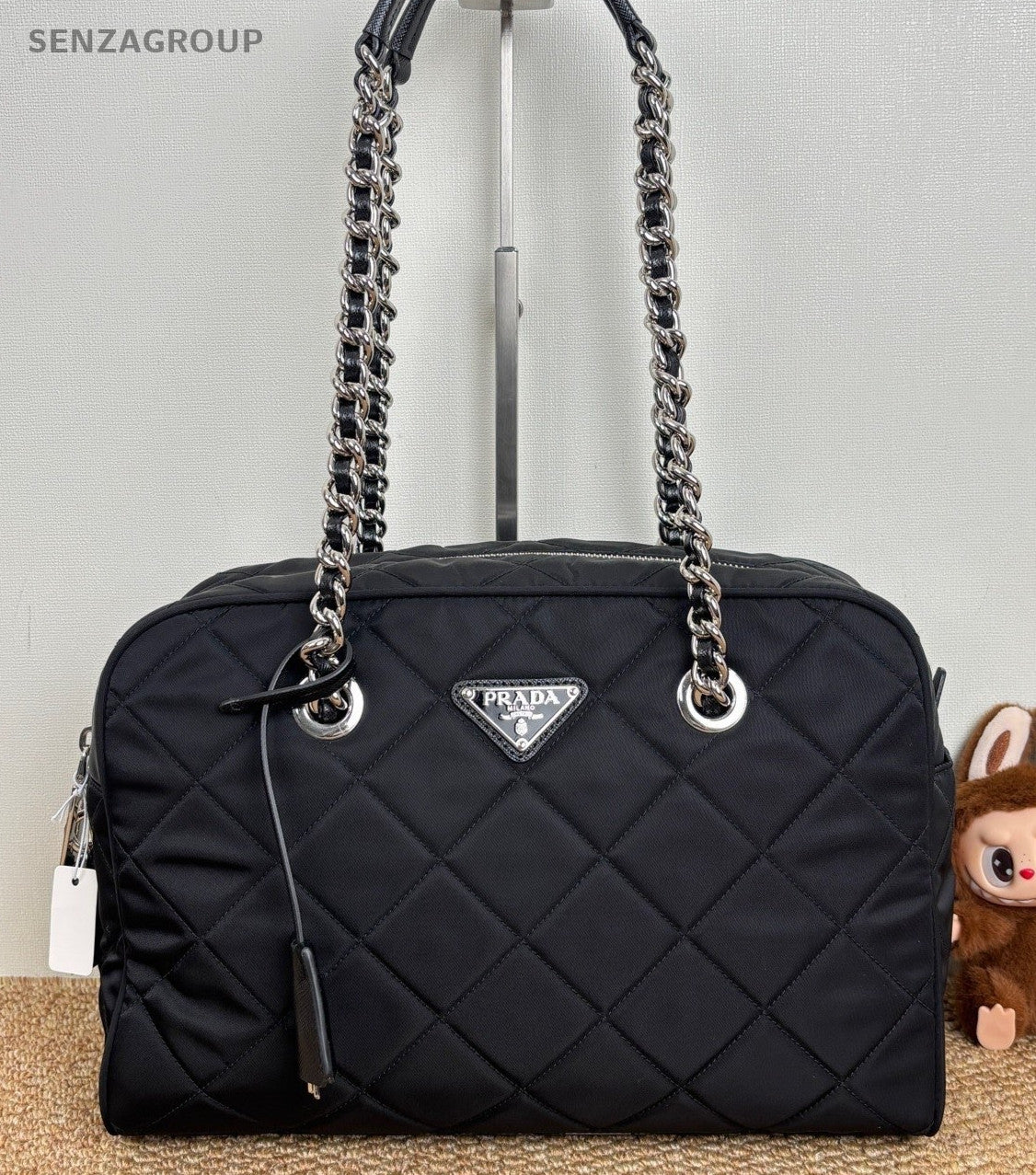 Prada Nylon Chain Shoulder Bag Black Silver Diamond Women Classic Fashion