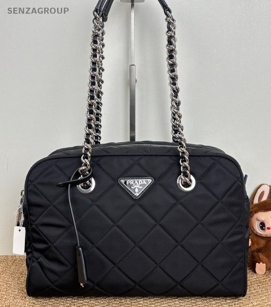 Prada Nylon Chain Shoulder Bag Black Silver Diamond Women Classic Fashion