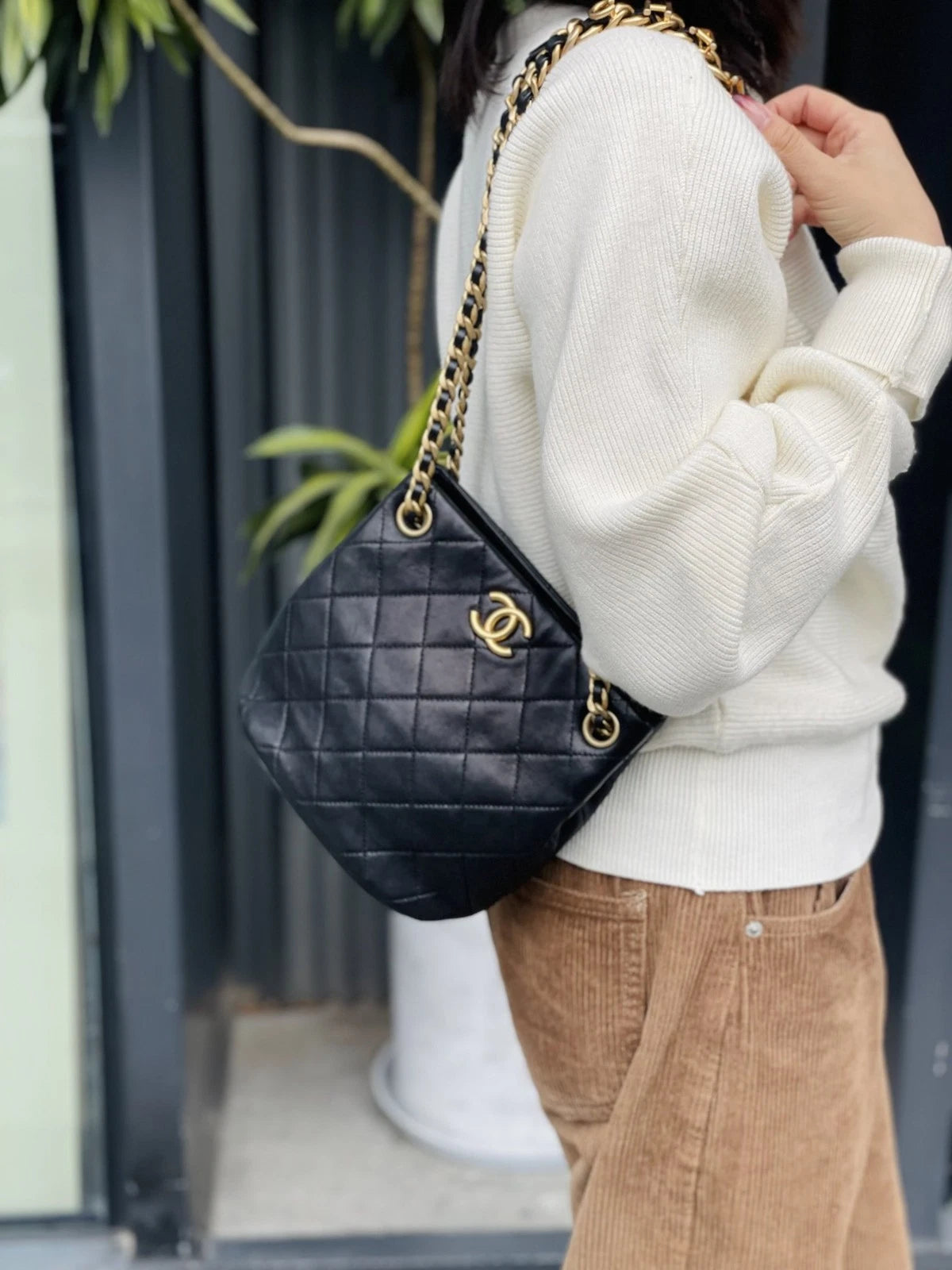 CHANEL Black Gold Lambskin Hobo Bucket Bag For Women