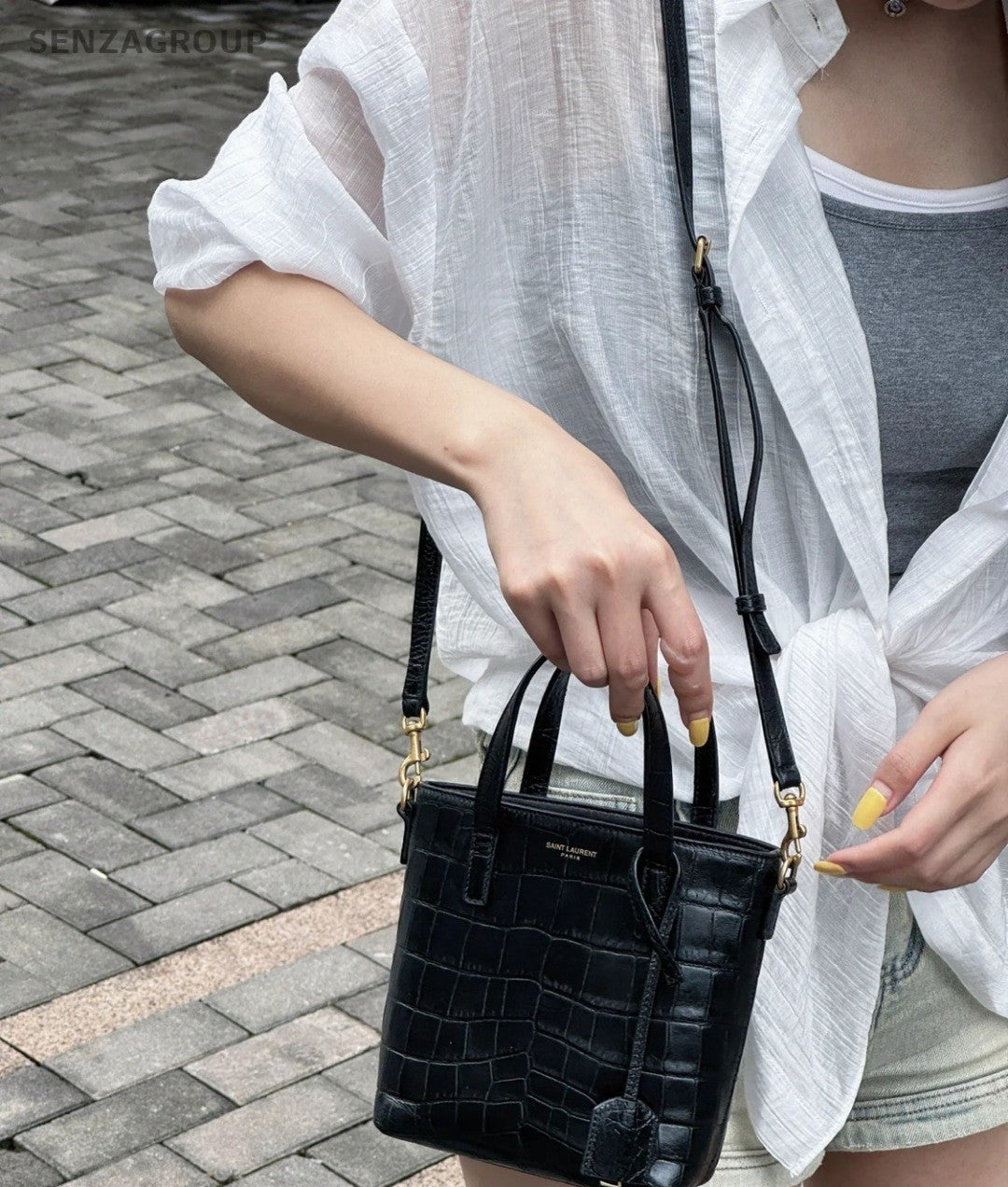 YSL Saint Laurent Embossed Calfskin Top Handle Shoulder Tote Bag Women Black