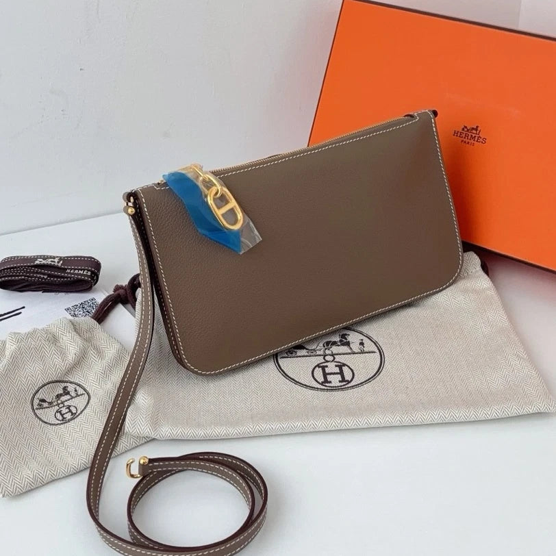 Excellent Hermes Zipengo To GO 2Way Handbag Shoulder Bag Gray Gold Hardware