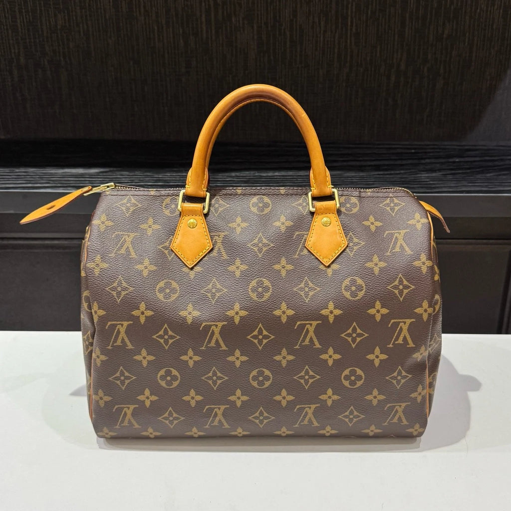 Louis Vuitton Speedy30 Monogram Canvas Top Handle Bag Brown Gold Women Classic