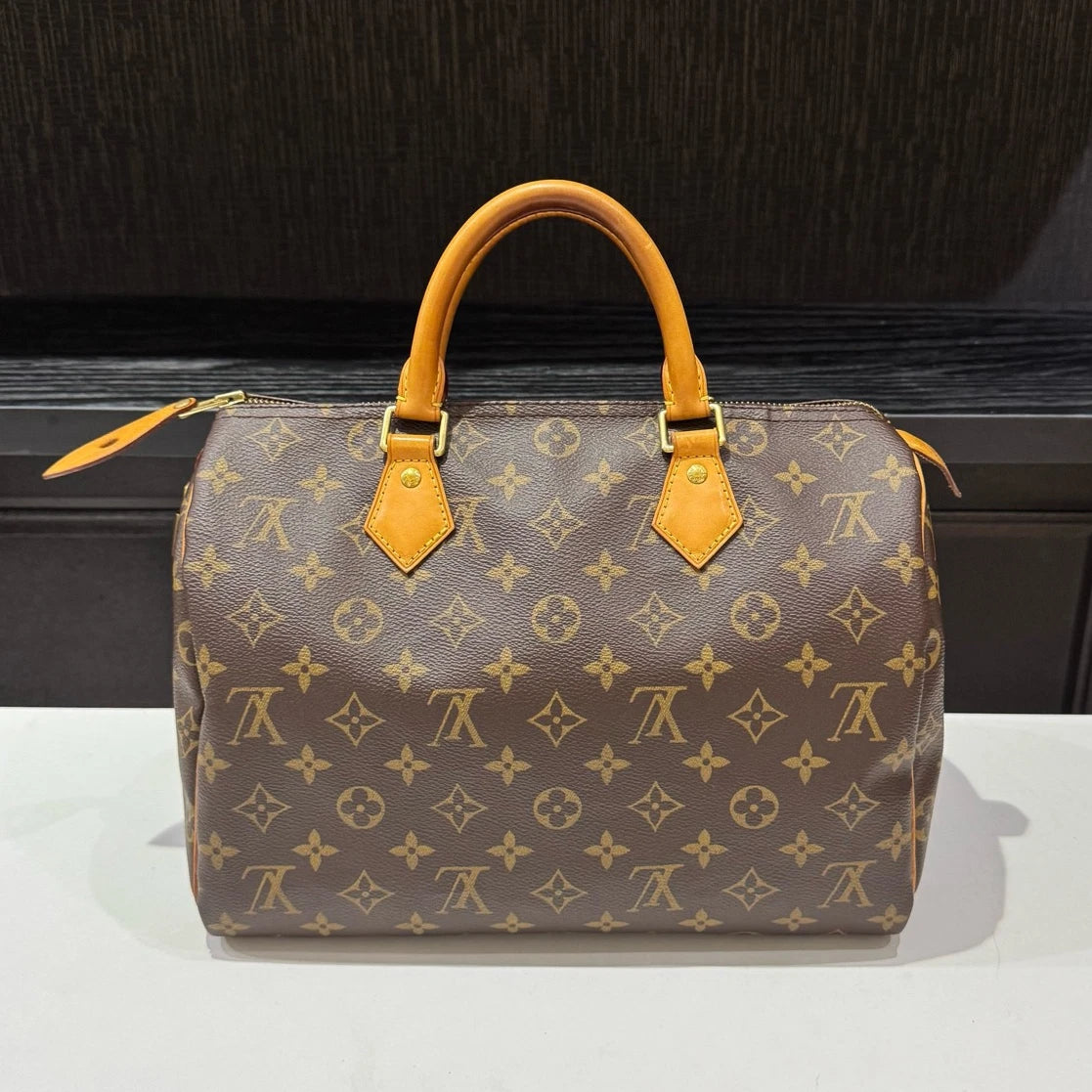 Louis Vuitton Speedy30 Monogram Canvas Top Handle Bag Brown Gold Women Classic