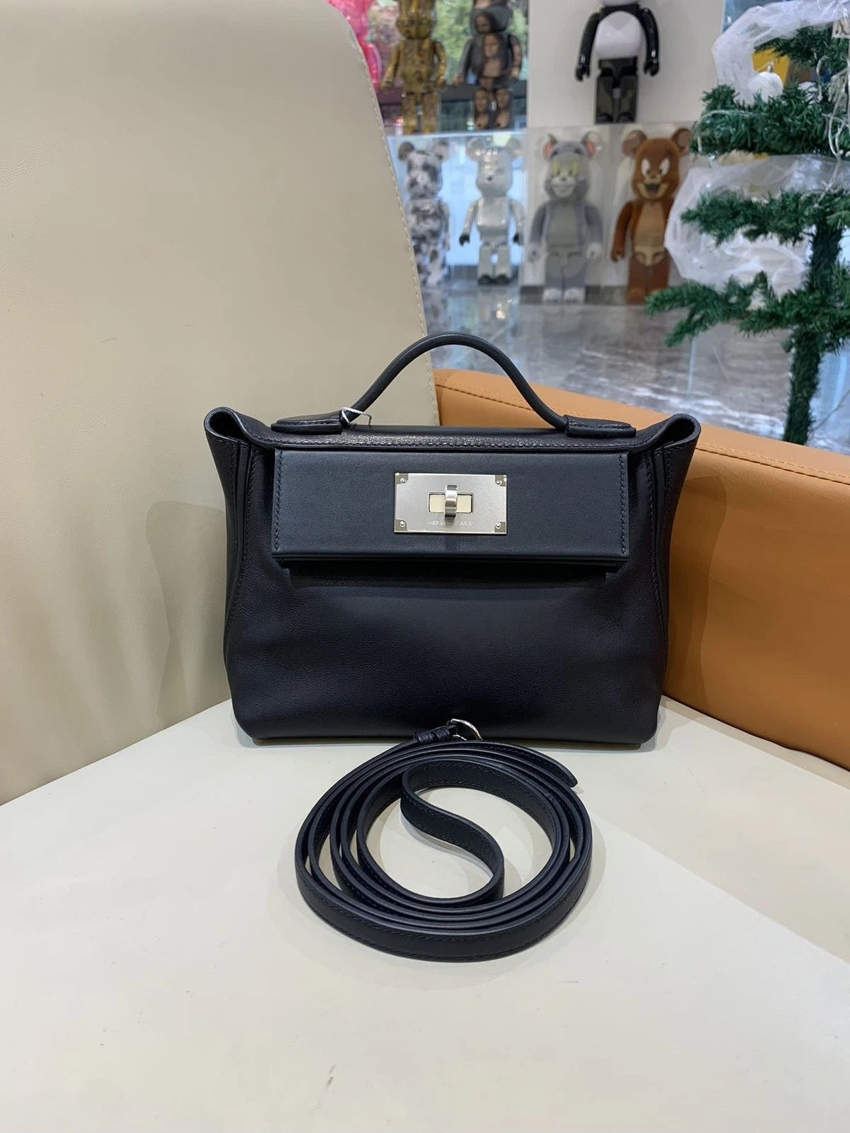 Hermes Mini 2424 Black Silver Volupto Leather Handbag For Women