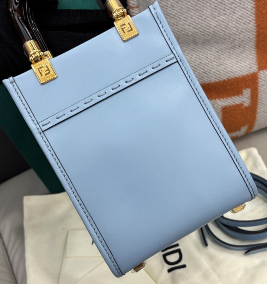 Fendi Sunshine Mini Tote Calfskin Crossbody Blue Gold Women Classic
