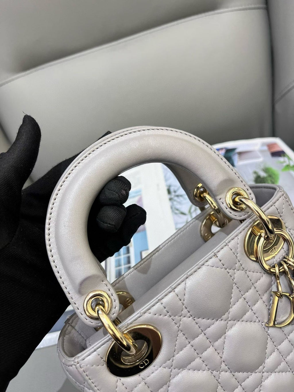 Christian Dior Lady Top Handle 2way Chain Shoulder Handbag Grey Women