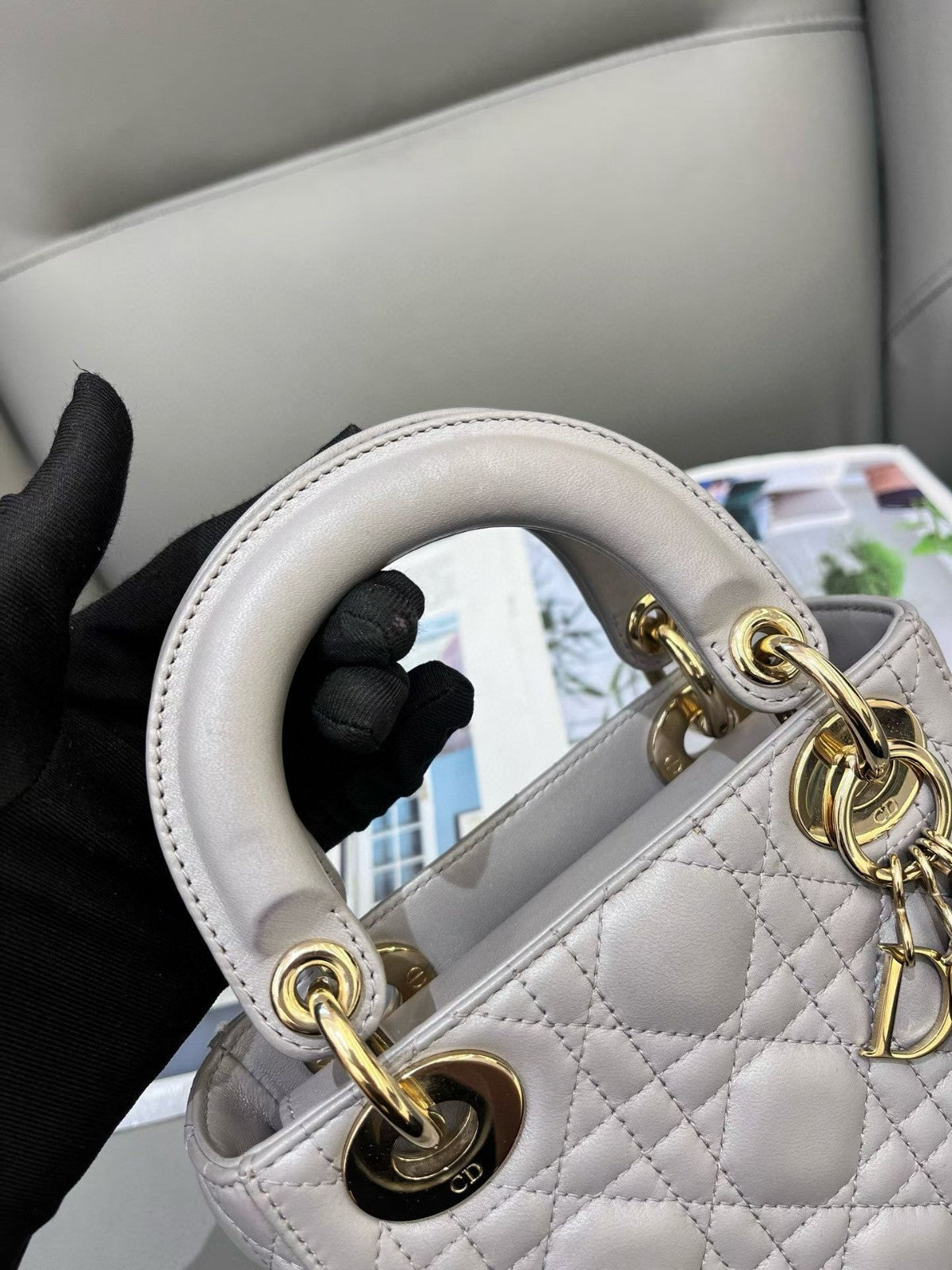 Christian Dior Lady Top Handle 2way Chain Shoulder Handbag Grey Women