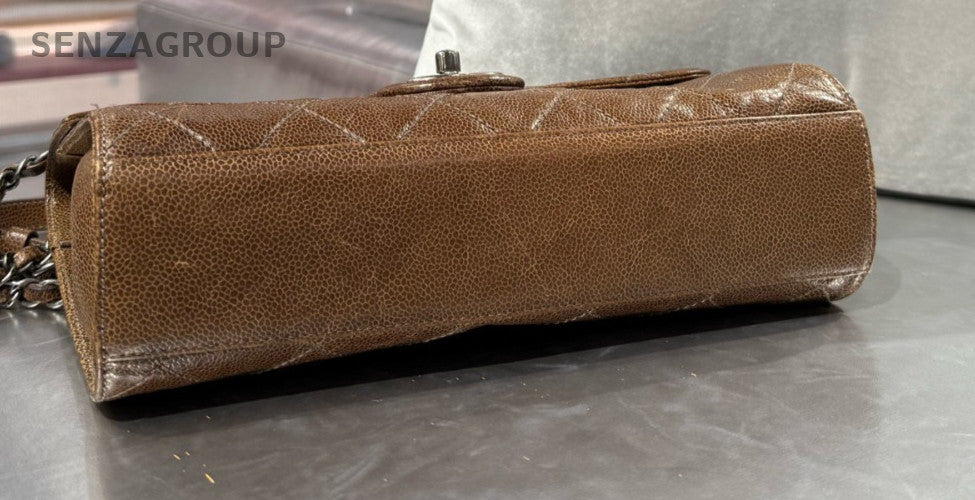 Chanel Classic Flap Calfskin PM Chain Shoulder Bag Crossbody Brown Silver Women