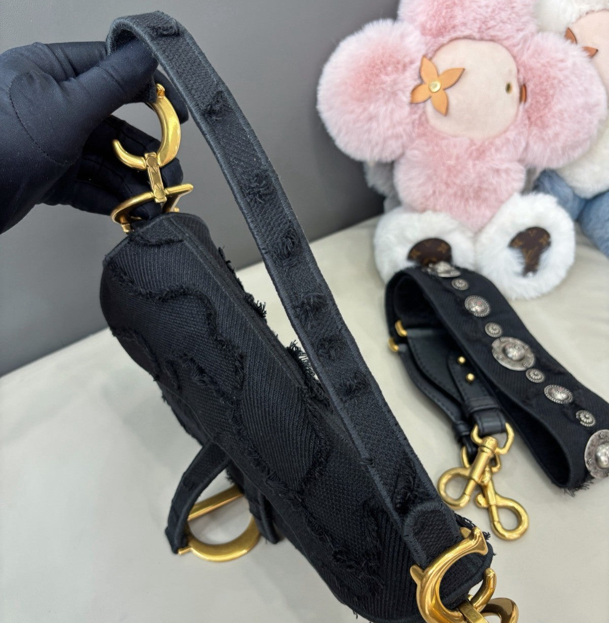 Christian Dior Saddle MM Canvas Top Handle Shoulder Crossbody Black Gold Women