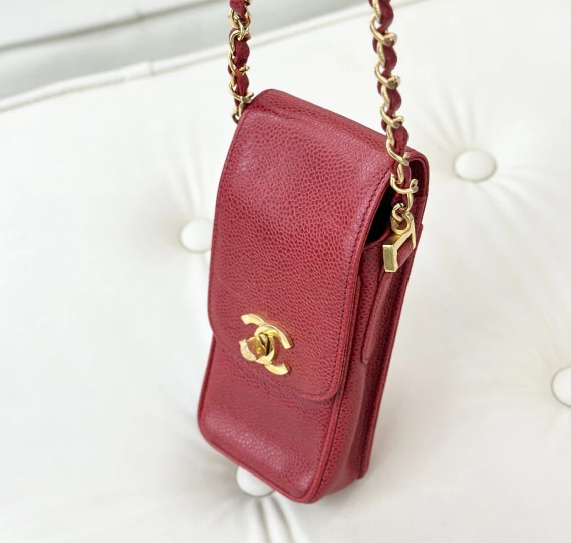 Chanel Vintage Calfskin Phone Bag Red Turn Lock Shoulder Bag Crossbody S