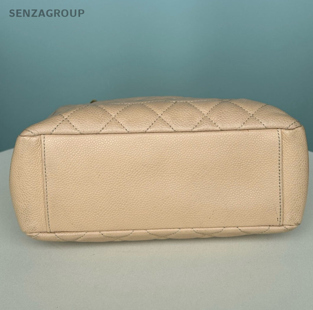 Chanel PST Chain Calfskin Diamond Shoulder Bag Beige Gold Women Classic