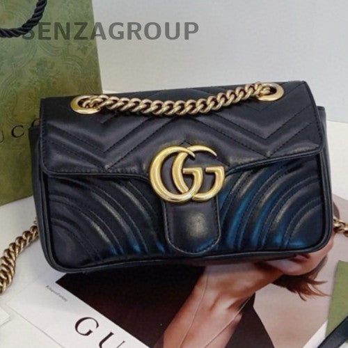 Gucci Marmont22 Chain Shoulder Bag Crossbody Black Gold Used Women Classic