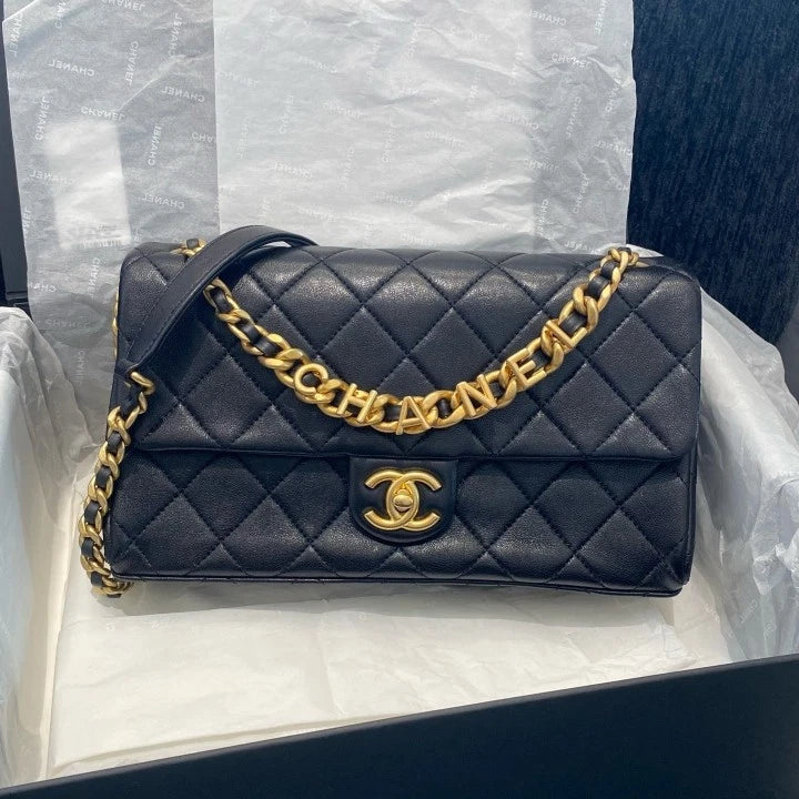 Chanel Classic Flap Lambskin Chain Shoulder Crossbody Black Gold Women Fashion D