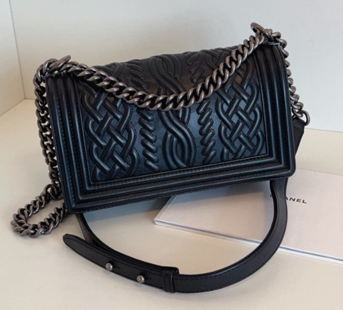 Chanel Leboy MM Chain Shoulder Bag Crossbody Black Silver Women Classic