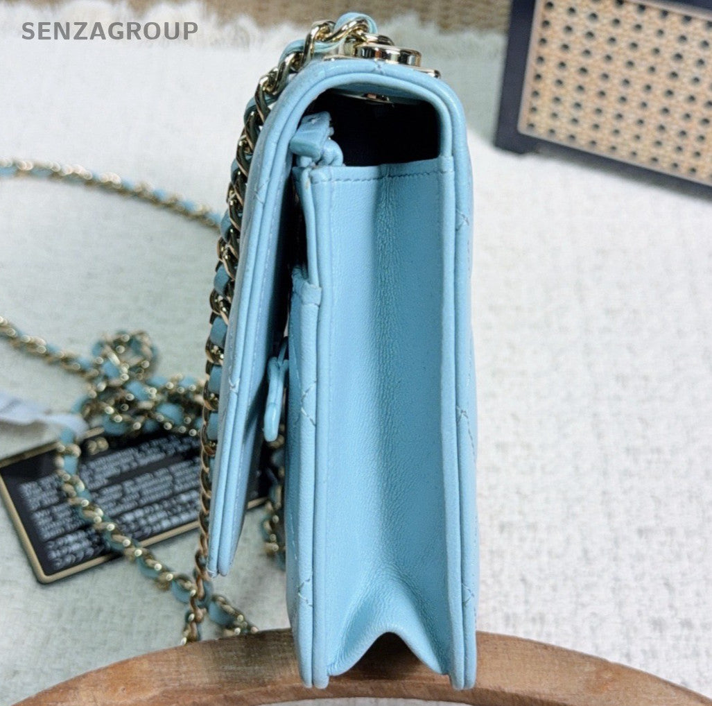 Chanel Trendy Lambskin Chain Diamond Shoulder Bag Crossbody Blue Gold Women
