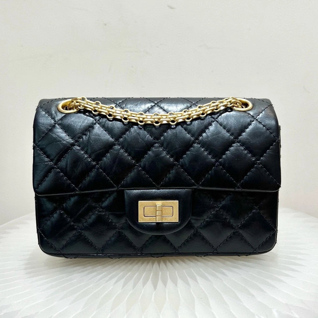 Chanel 2.55 Mini Calfskin Chain Shoulder Bag Crossbody Black Gold Women Classic