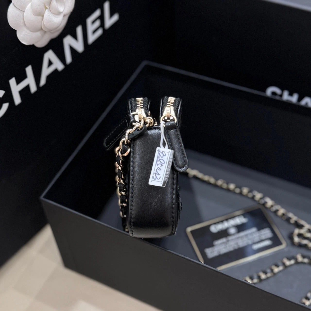 CHANEL Black Gold Camellia Badge WOC Crossbody Bag For Women