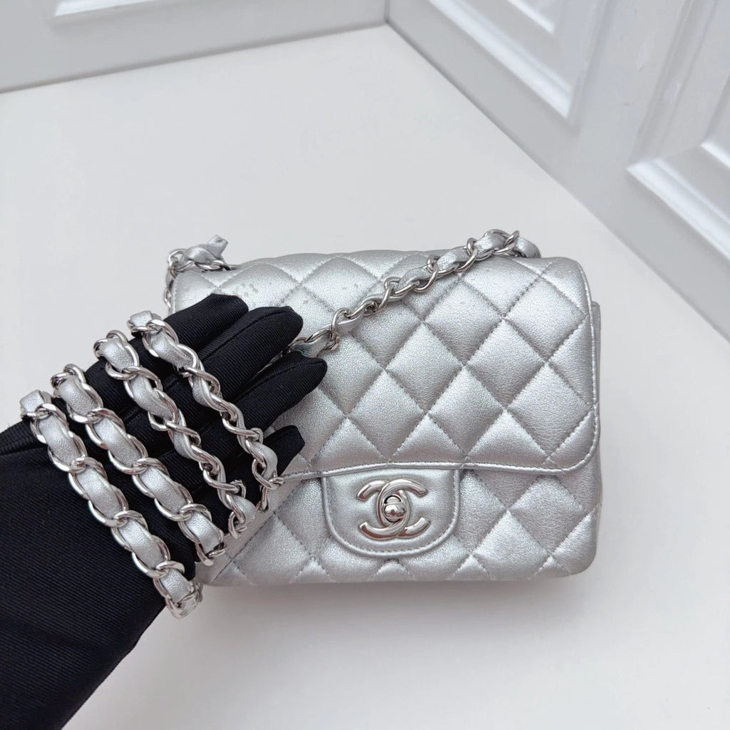 Chanel Classic Flap MINI Chain Shoulder Crossbody Bag Silver Women Classic