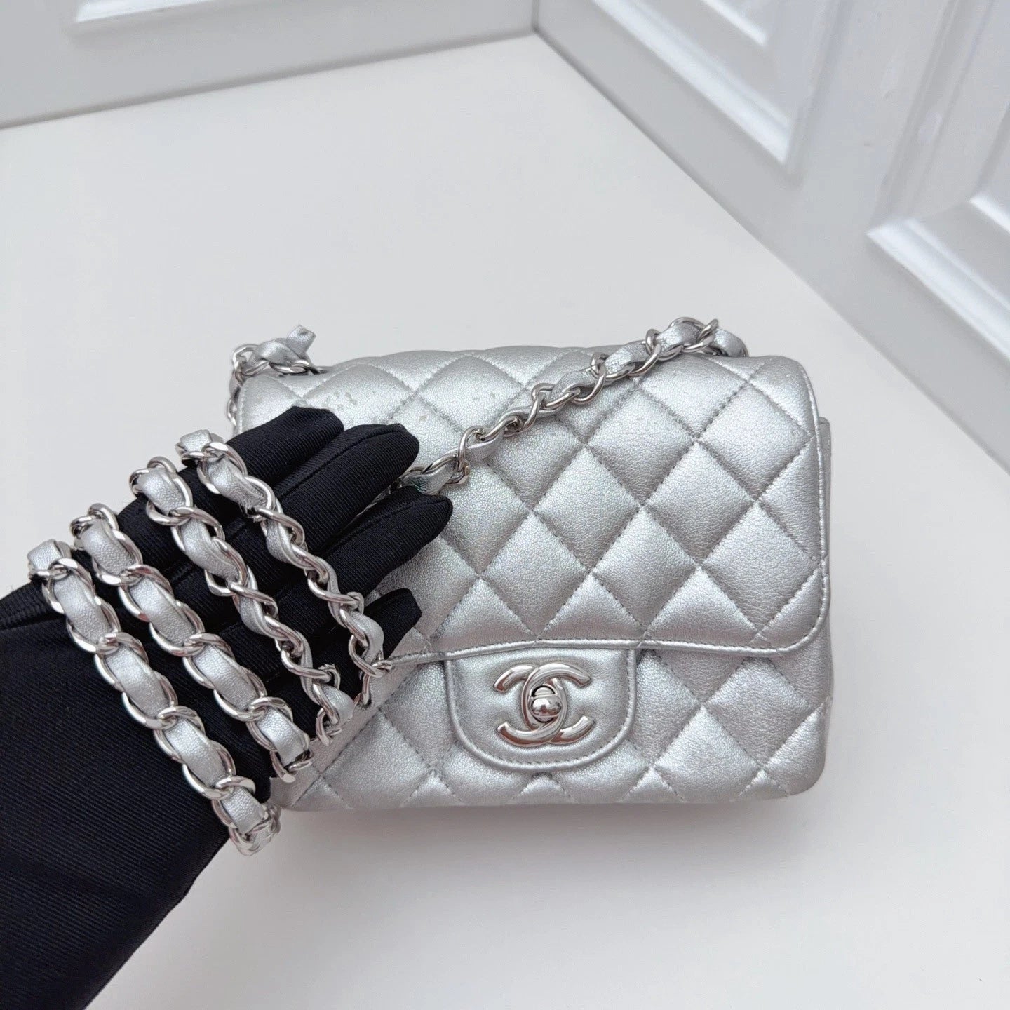 Chanel Classic Flap MINI Chain Shoulder Crossbody Bag Silver Women Classic