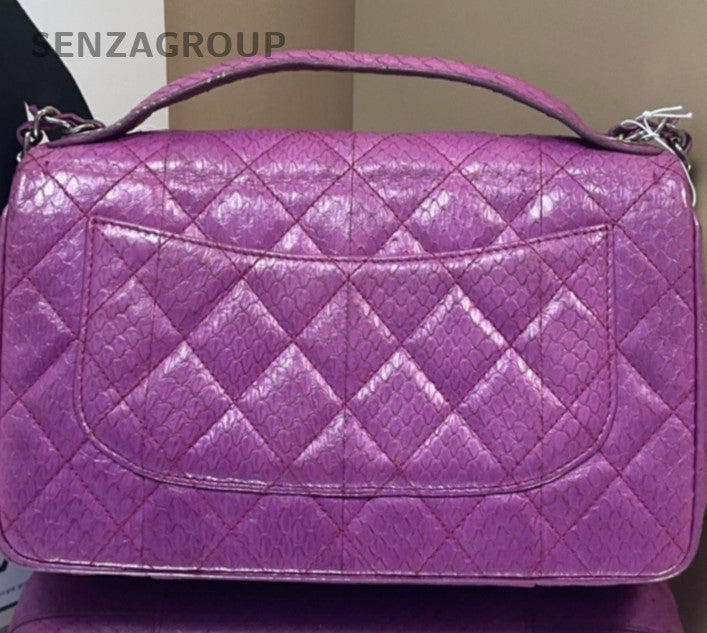 Chanel Classic Flap Snakeskin Chain Top Handle Bag Purple Silver Women Designer
