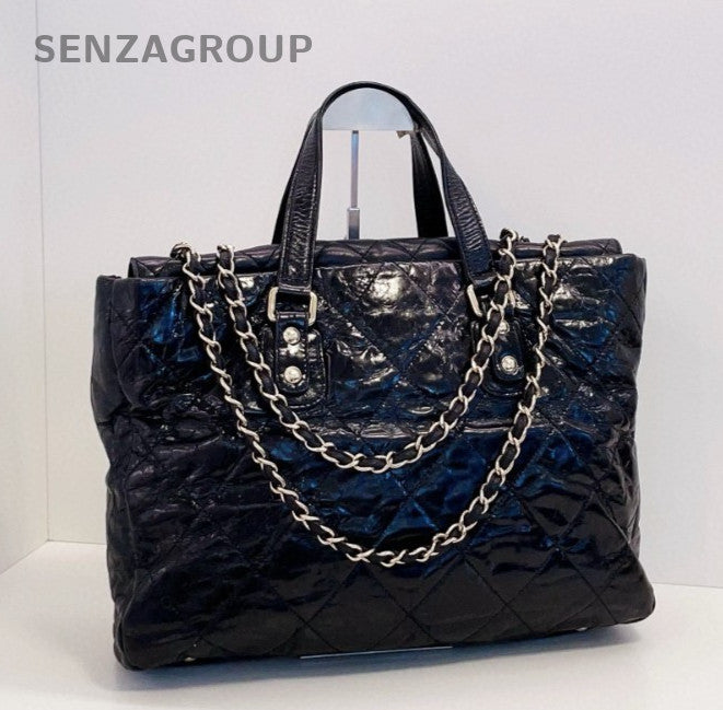 CHANEL Hobo Oil waxed leather Tote 2WAY Chain Shoulder Handbag Black Women