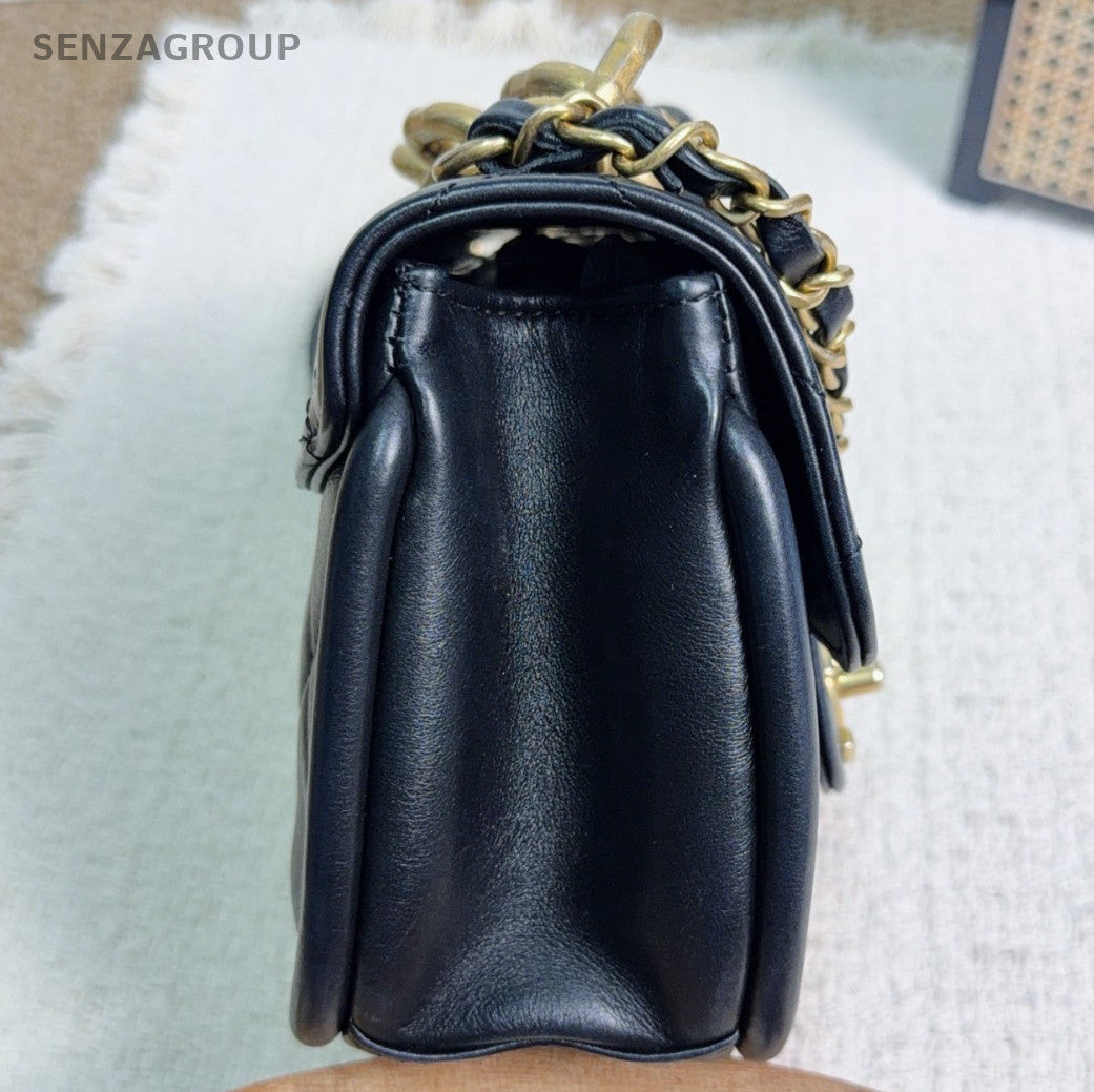 Chanel Diamond Saddle Chain Shoulder Bag Crossbody Black Gold Women Classic
