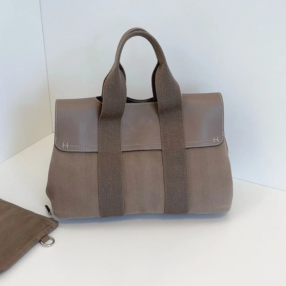 Authentic Hermes Valparaiso Canvas Top Handle Bag Grey