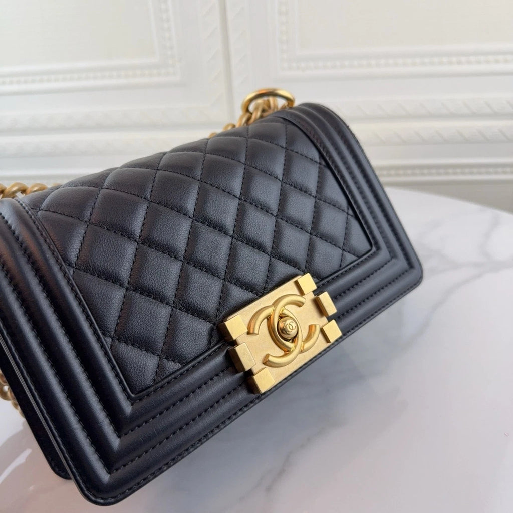 CHANEL LeBoy Small Black Leather Gold Hardware Shoulder Bag Women