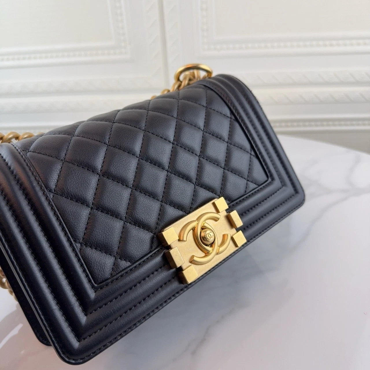 CHANEL LeBoy Small Black Leather Gold Hardware Shoulder Bag Women