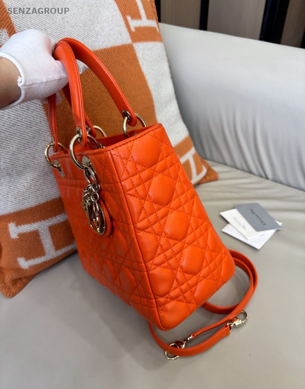 Christian Dior Lady Top Handle Lambskin 2WAY Shoulder Handbag Women Orange